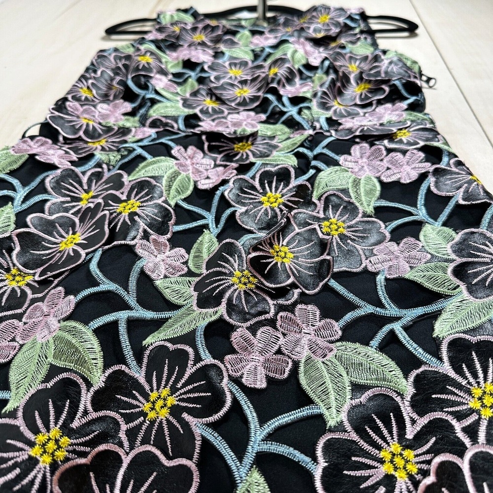 Topshop Black Multi PU Leather‎ Lace Floral Appliqué Shift Dress 6 Embroidered - Picture 4 of 13